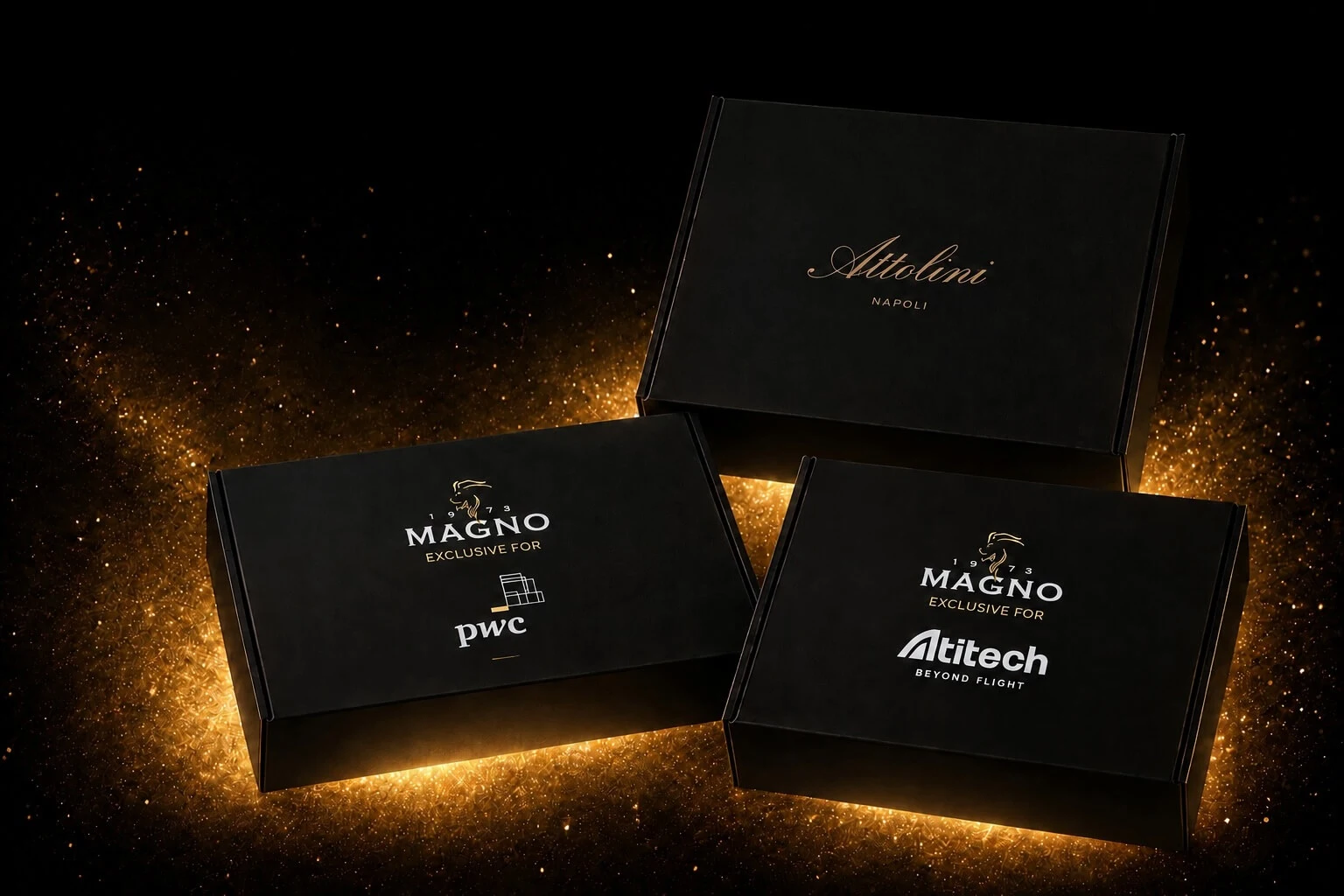 Magno boxes personalised for Attolini, PwC and Atitech