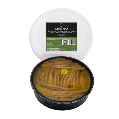 Filetti di Acciughe del Cantábrico '0' in olio extra vergine d’oliva del Frantoio Galantino. Formato HoReCa - 500g.