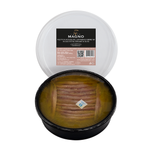 Filetti di Acciughe del Cantábrico '00' in olio evo del Frantoio Galantino. Formato HoReCa 500g.