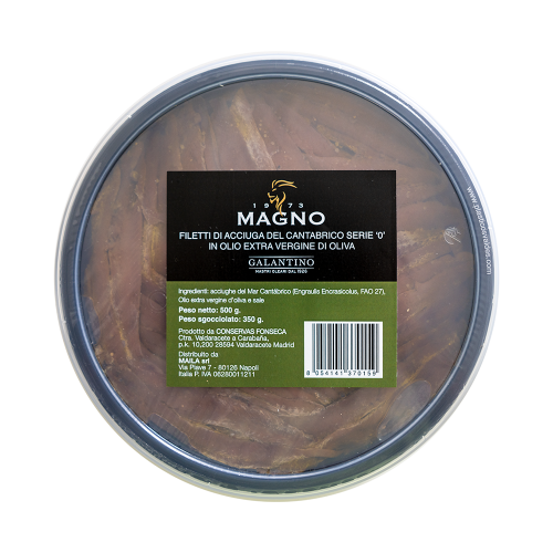Filetti di Acciughe del Cantábrico '0' in olio extra vergine d’oliva del Frantoio Galantino. Formato HoReCa - 500g.