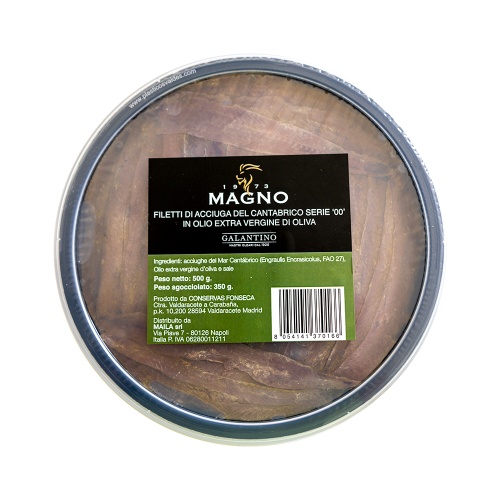 Filetti di Acciughe del Cantábrico '00' in olio evo del Frantoio Galantino. Formato HoReCa 500g.