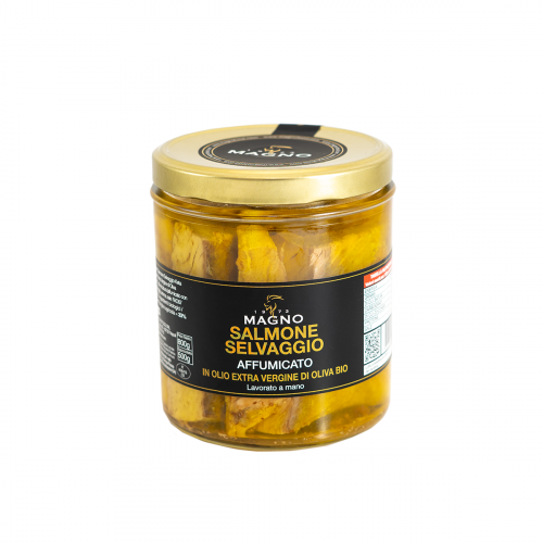 Salmone selvaggio affumicato in Olio Extra Vergine di Oliva biologico 800g.